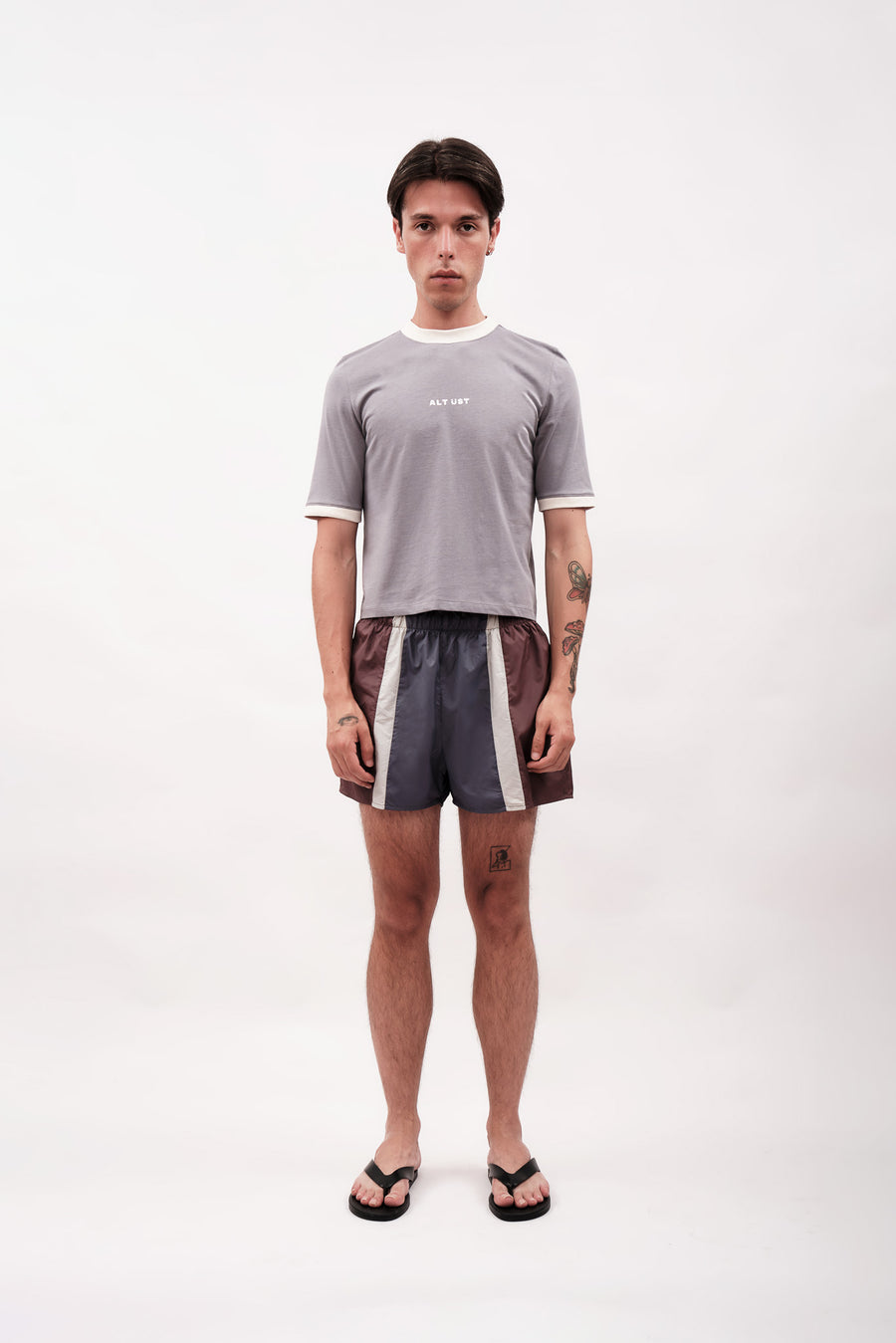 CONTRAST RIBBED T-SHIRT - GREY & CREAM
