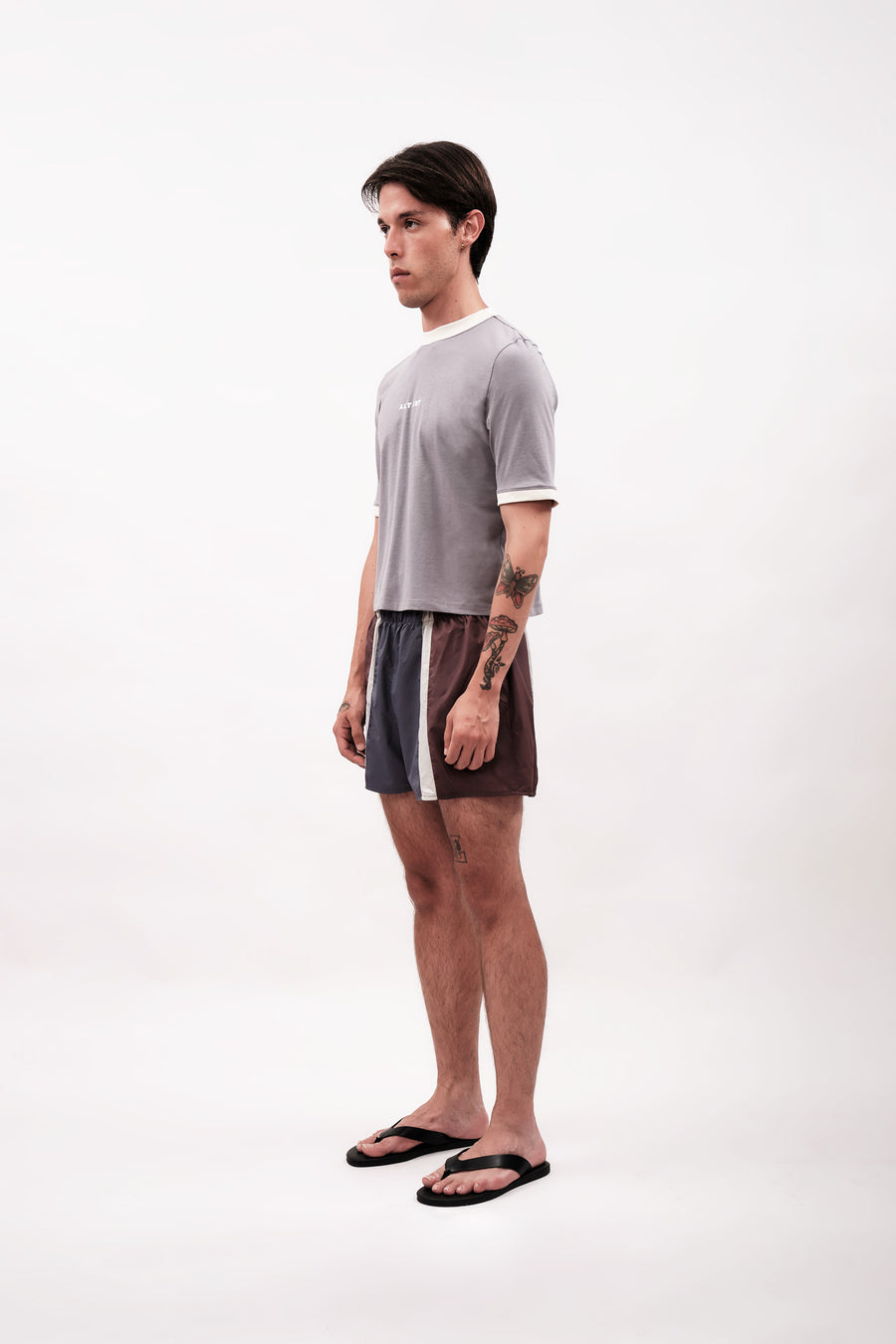 CONTRAST RIBBED T-SHIRT - GREY & CREAM
