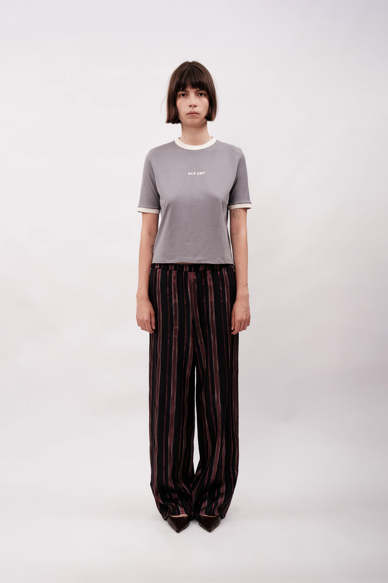 CONTRAST RIBBED T-SHIRT - GREY & CREAM