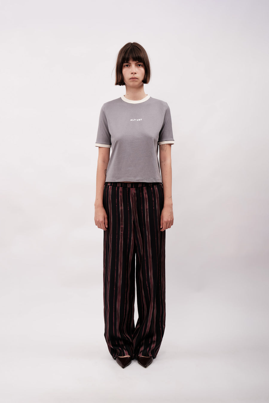 CONTRAST RIBBED T-SHIRT - GREY & CREAM