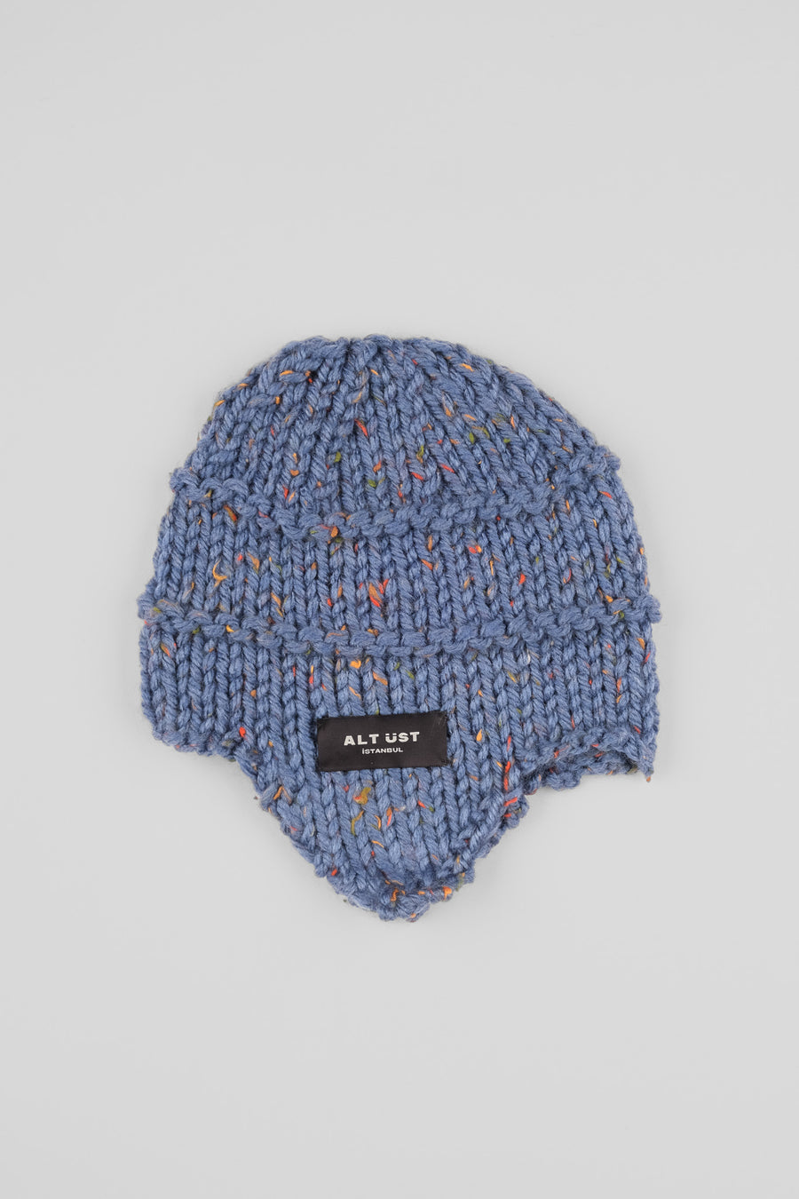 HAND-KNIT EAR FLAP BERET - BLUE