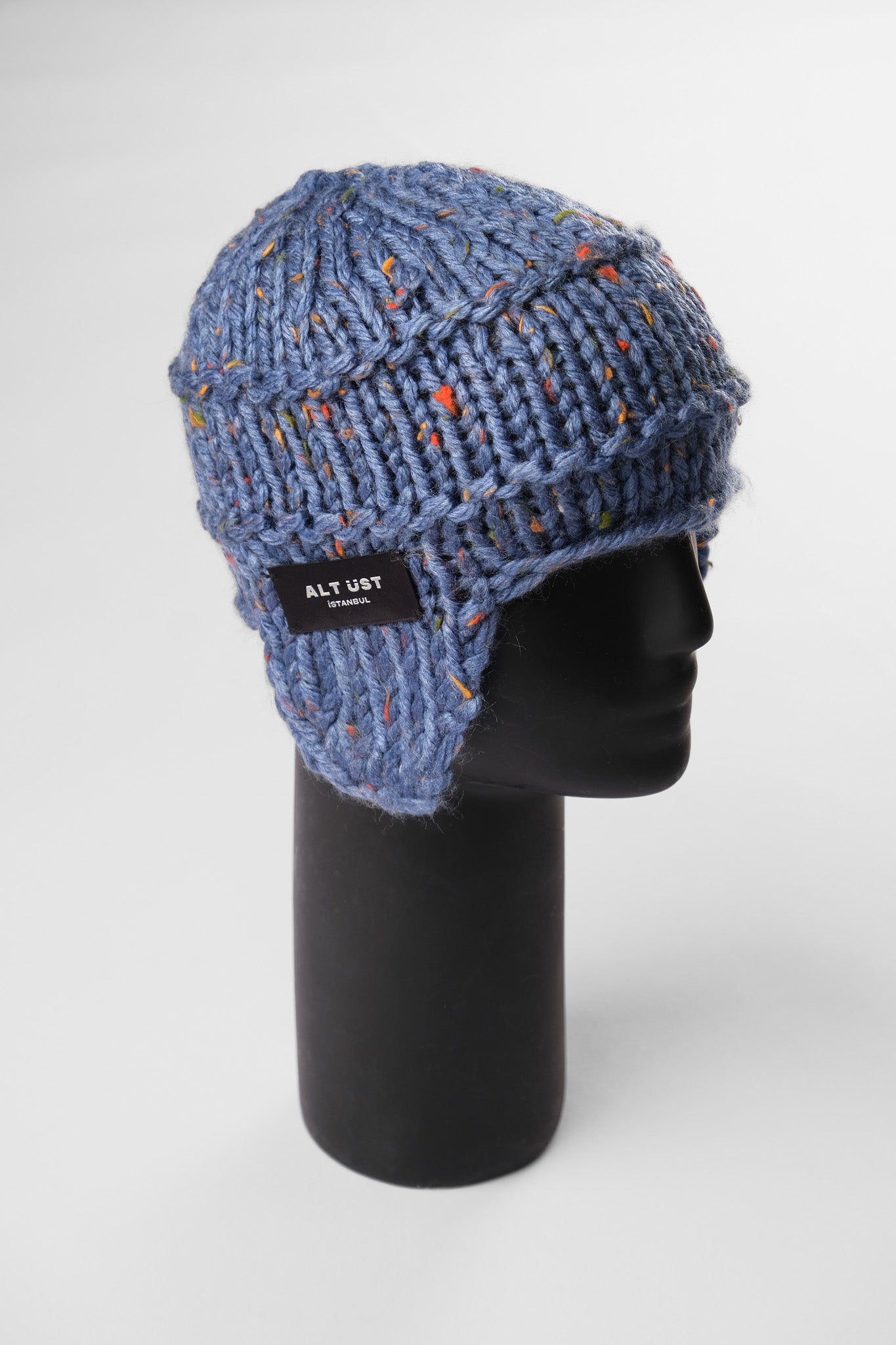 HAND-KNIT EAR FLAP BERET - BLUE