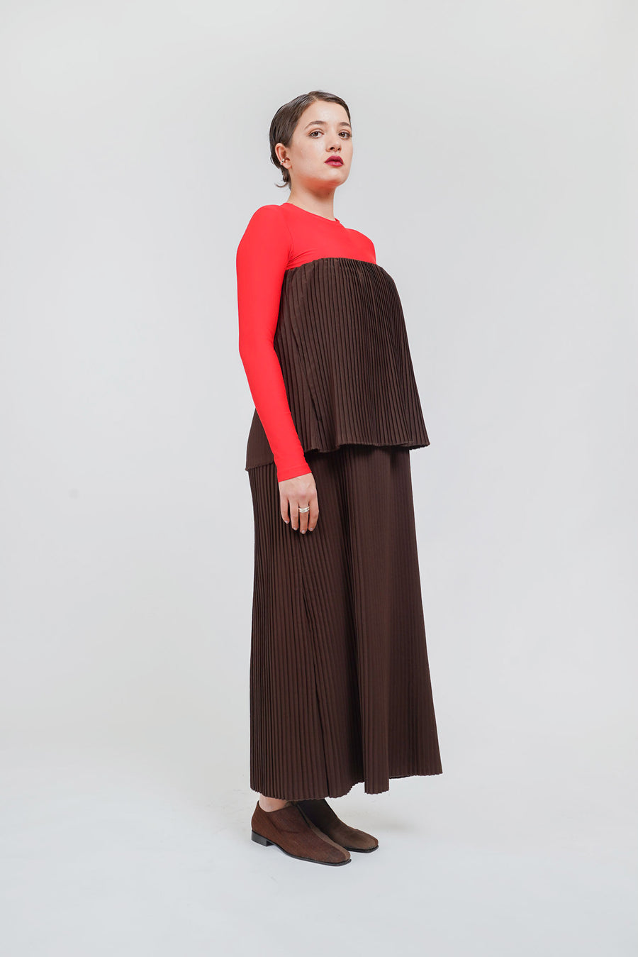 BROWN PLEATED DRESS